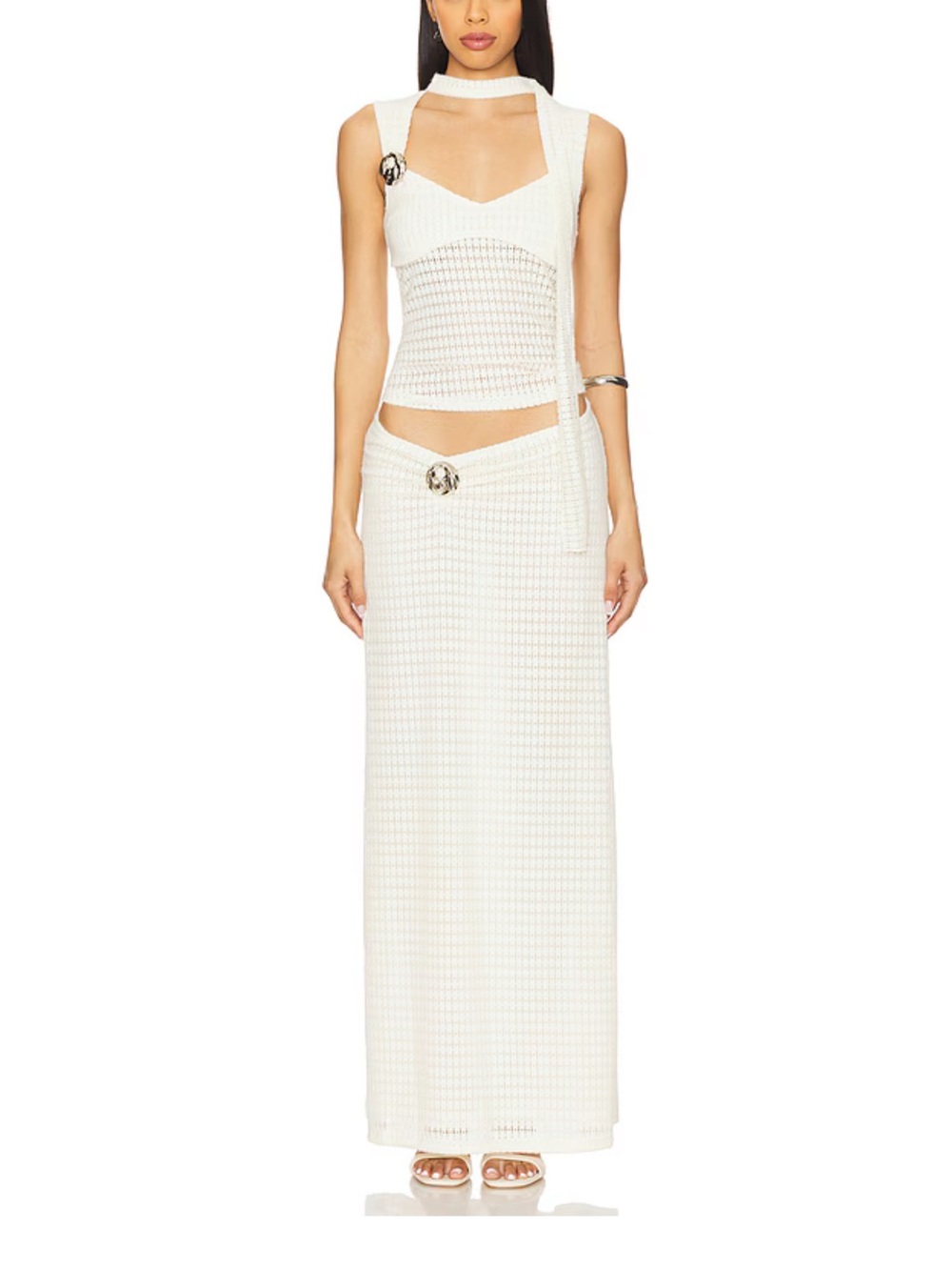 LIONESS/ REVOLVE Cream Crochet Maxi Skirt with Decorative Hardware